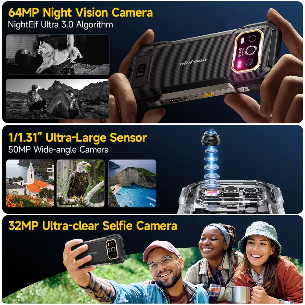 Ulefone Armor 27T Thermal Imaging 24GB 256GB 50MP Dual Camera 64MP Night Vision 6.78 inch 120Hz 10600mAh 33W Fast Charge 30W Wireless Charge Android 14 NFC Helio G99 IP68 IP69K Waterproof 4G Rugged Smartphone