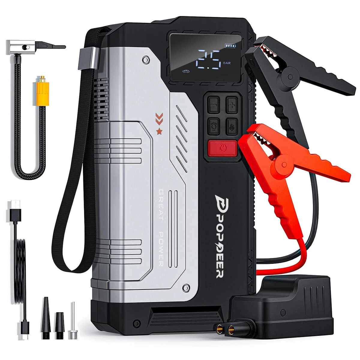[EU Direct] POPDEER PD-JA1 20000mAh 2500A Professional Portable Car Jump Starter Inflator Emergency Start Power Supply Air Pump All-In-One Machine