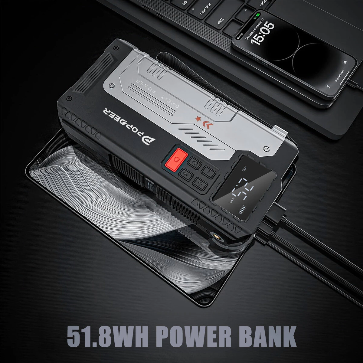 [EU Direct] POPDEER PD-JA1 20000mAh 2500A Professional Portable Car Jump Starter Inflator Emergency Start Power Supply Air Pump All-In-One Machine