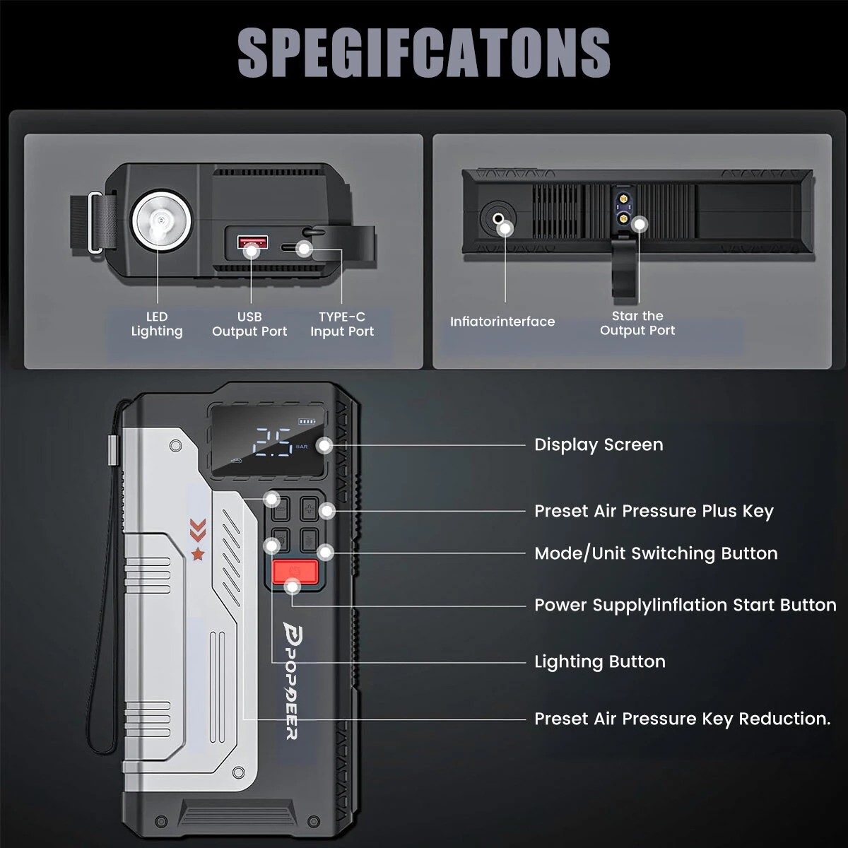 [EU Direct] POPDEER PD-JA1 20000mAh 2500A Professional Portable Car Jump Starter Inflator Emergency Start Power Supply Air Pump All-In-One Machine