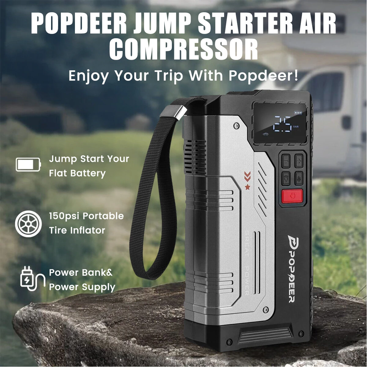 [EU Direct] POPDEER PD-JA1 20000mAh 2500A Professional Portable Car Jump Starter Inflator Emergency Start Power Supply Air Pump All-In-One Machine
