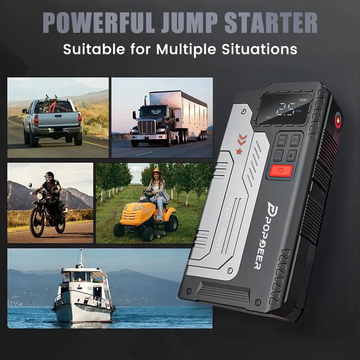 [EU Direct] POPDEER PD-JA1 20000mAh 2500A Professional Portable Car Jump Starter Inflator Emergency Start Power Supply Air Pump All-In-One Machine