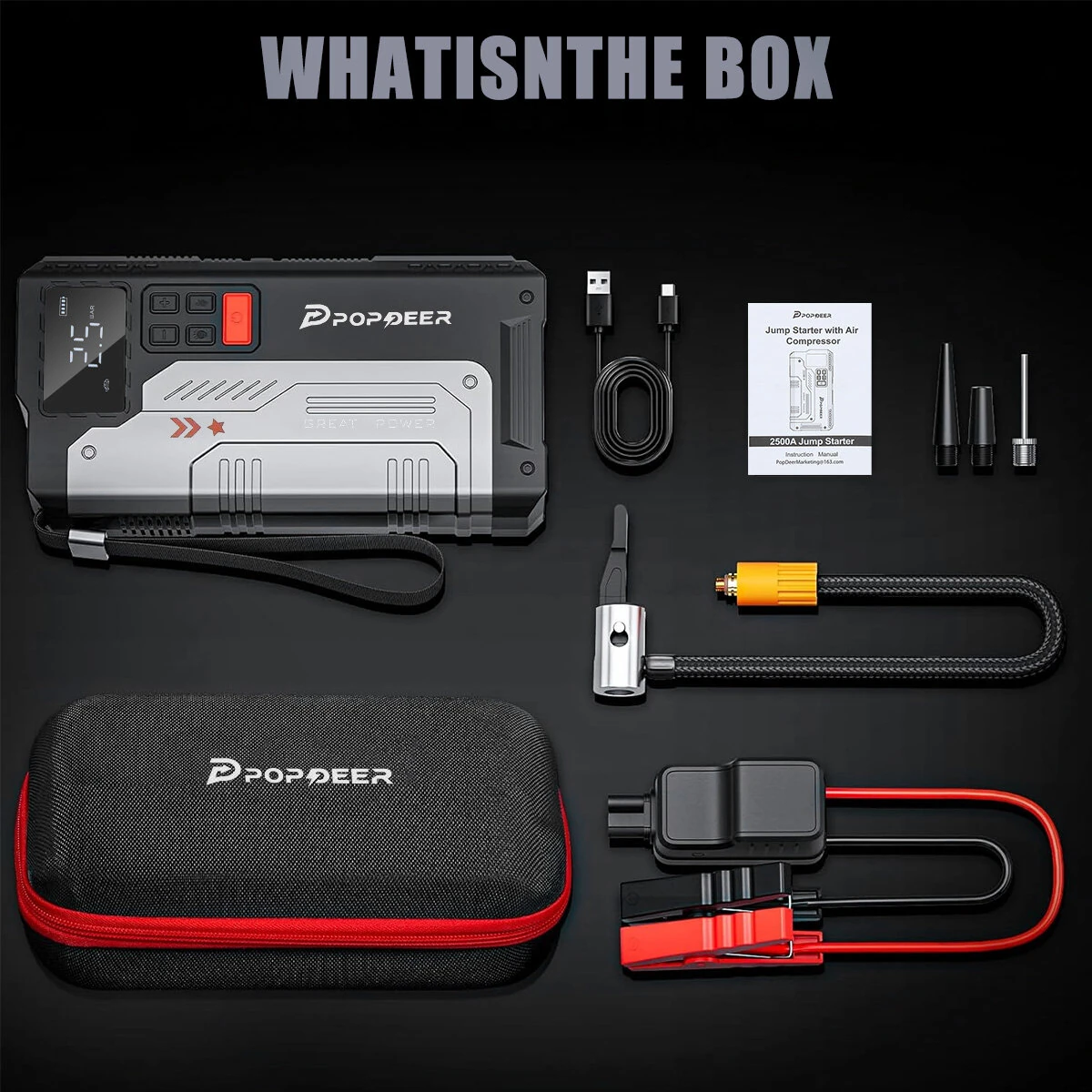 [EU Direct] POPDEER PD-JA1 20000mAh 2500A Professional Portable Car Jump Starter Inflator Emergency Start Power Supply Air Pump All-In-One Machine