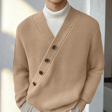 INCERUN Mens Textured Asymmetrical V-Neck Long-Sleeve Sweater Comfortable Solid Color Casual Fall Winter Top S-5XL