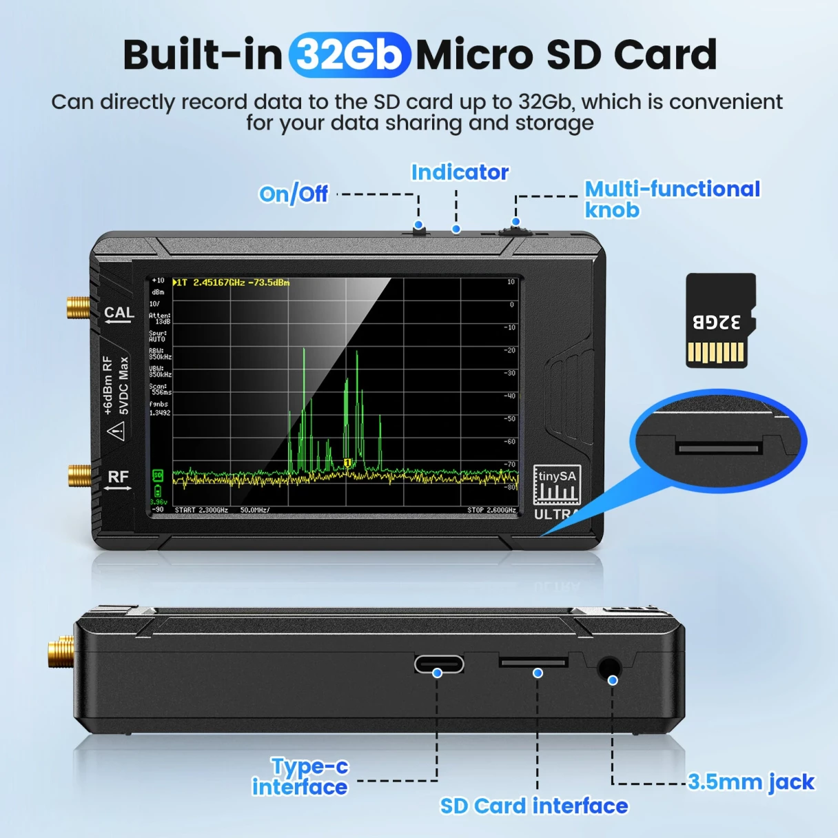 Handheld 4" Display Tiny Spectrum Analyzer TinySA ULTRA 100kHz to 5.3GHz with 32GB Card Version V0.4.5.1