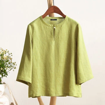 ZANZEA Women Button Summer O-Neck 3/4 Sleeve Solid Blouses Casual Cotton Linen Shirts for Women Loose Fit