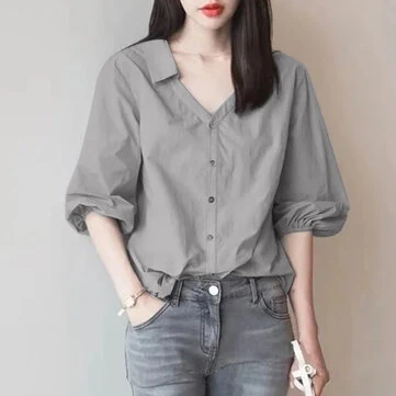 ZANZEA Women's Blouse Commute New Fashion Lantern Sleeve V-Neck Lapel Solid Office Top Shirt