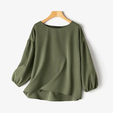 ZANZEA Women's Round Neck Drop Shoulder Lantern Sleeve Loose Casual Solid Blouses