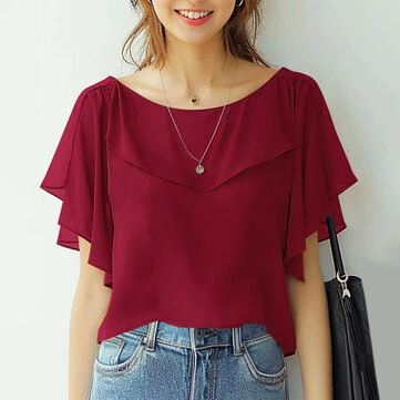 ZANZEA Women's Blouse Elegant Ruffle Sleeve Solid Crew Neck Plain Summer Shirt Pullover Top