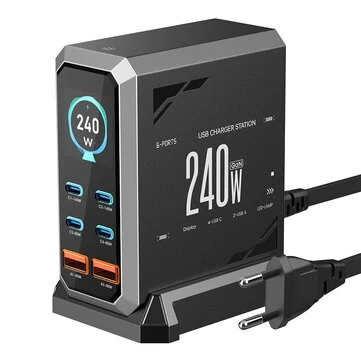 [GaN Tech] Blitzwolf® BW-S31 240W 6-Port USB PD Charger 4USB-C+2USB-A QC PD Digital Display Fast Charging Desktop Charging Station for iPhone 16 16 Pro 15 14 13 Pro Max for MacBook Pro for Ai