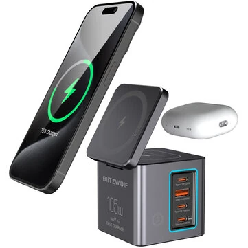 [GaN Tech] Blitzwolf BW-i113 105W 6-in-1 Desktop Charging Station with Wireless Charger PD QC Fast Charging with LED Light EU Plug for iPhone 16 16 Pro 15 14 13 Pro Max for iPad Pro for Macbo