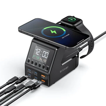 [GaN]Blitzwolf BW-FW10 240W 10-in-1 Wireless Alarm Clock Charger 2USB-A+4USB-C PD3.1/3.0 QC4.0/3.0/2.0 PPS AFC SCP FCP Fast Charging Desktop Charging Station with Time Display and 2 Alarm Clo