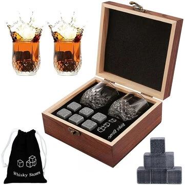Reusable Whiskey 6 Ice Stones Set Whiskey Stones 2 Whisky Glasses Set Granite Ice Cube Stainless Steel Clips with Fleece Bag Wooden Gift Best Gift for Men