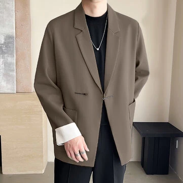 INCERUN Mens Metal Buckle Patchwork Lace Long-Sleeve Blazer Fashion Casual Solid Color Suit Top Outwear