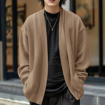 INCERUN Mens Knitted Striped Long Sleeve Cardigan Casual Solid Color Spring Fall Winter Men's Coat