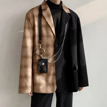 INCERUN Mens Plaid Patchwork Long Sleeve Blazer Two-tone Stylish Casual Suit Outwear for Spring Fall