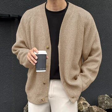 INCERUN Mens Knit V-Neck Long-Sleeve Cardigan Solid Color Comfortable Versatile Men Clothing Fashion Outwear