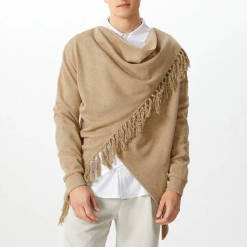 INCERUN Mens Knitted Fringe Cowl Neck Long Sleeve Cardigan Solid Color Fashion Tops for Male S-5XL