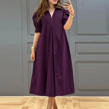 ZANZEA Women Vintage Fashion Solid Casual V-Neck Short Sleeve Dress Loose Fit with Side Pockets