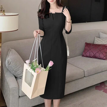 ZANZEA Womens Party Daily 7/8 Sleeve Small V-neck Design Slim Segmented Dress Solid Color Elegant Midi Dress