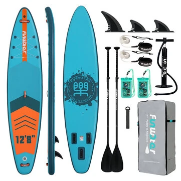 [EU Direct] FunWater 385X85X15CM Inflatable Stand Up Paddle Board Surfboard Complete Paddleboard Accessories Adjustable Paddle, Pump, ISUP Travel Backpack, Leash, Waterproof Bag, Adult Paddle