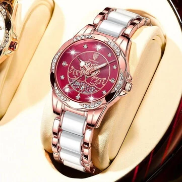 POEDAGAR Women's Luxury Rhinestones Swan Quartz Watch Waterproof Luminous Fashion Date Dial Analog Ceramic Band Wrist Watch