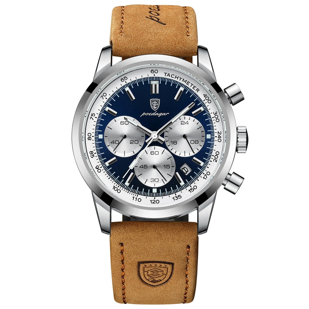 POEDAGAR Men's Luminous Waterproof Quartz Watch Fashion Comfortable Leather Multi-function Business Casual Wristwatch
