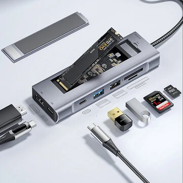 ESSAGER 8-in-1 Docking Station with Disk Storage USB 2.0 USB 3.2 Gen 2 10Gbps USB-C Data PD100W USB-C 4K@30Hz HD SD/TF Card Reader Slot Multiports M.2 SSD USB Hubs Splitter for Phone TV Tablet Laptop