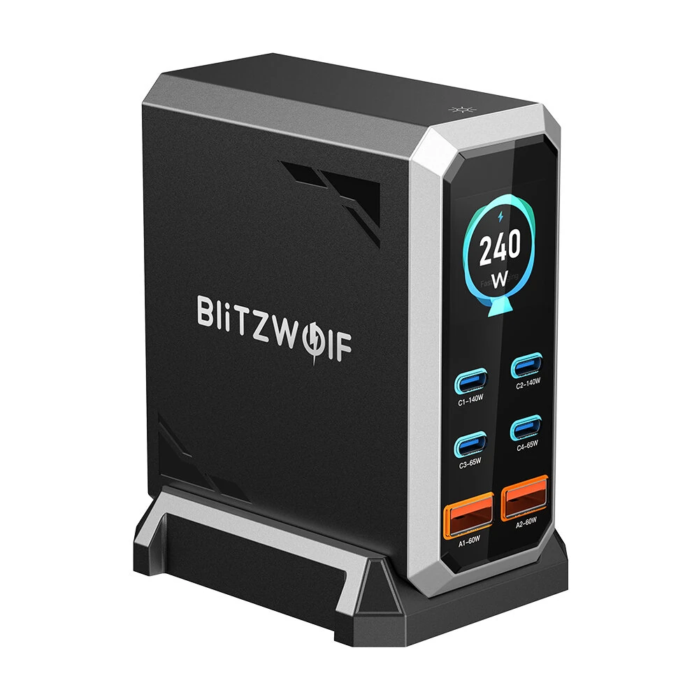 [GaN Tech] Blitzwolf® BW-S31 240W 6-Port USB PD Charger 4USB-C+2USB-A QC PD Digital Display Fast Charging Desktop Charging Station for iPhone 16 16 Pro 15 14 13 Pro Max for MacBook Pro for Airpods for Apple Watch