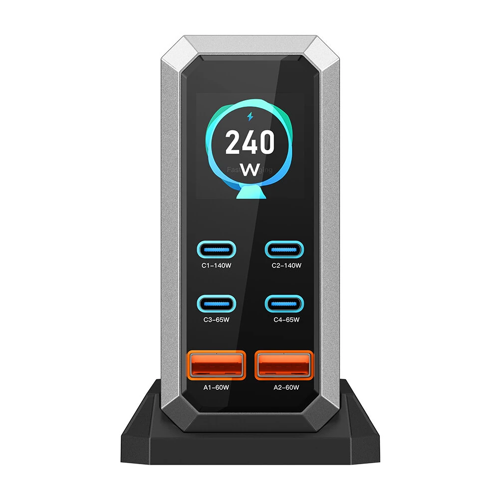 [GaN Tech] Blitzwolf® BW-S31 240W 6-Port USB PD Charger 4USB-C+2USB-A QC PD Digital Display Fast Charging Desktop Charging Station for iPhone 16 16 Pro 15 14 13 Pro Max for MacBook Pro for Airpods for Apple Watch