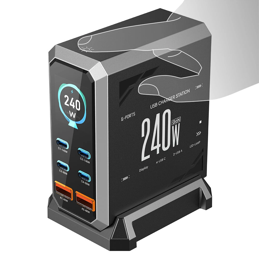 [GaN Tech] Blitzwolf® BW-S31 240W 6-Port USB PD Charger 4USB-C+2USB-A QC PD Digital Display Fast Charging Desktop Charging Station for iPhone 16 16 Pro 15 14 13 Pro Max for MacBook Pro for Airpods for Apple Watch