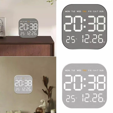 Metal Brushed Texture Digital Wall Clock Alarm Set Large Display Screen LED Alarm Clock Home Office Bedroom with Remote Control