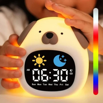 Kids Alarm Clock Sleep Trainer Clock Kids Room Cute Toddler Puppy Shape Night Light Clock Touch Night Light with 6 Types of White Noise 8 Color Night Light