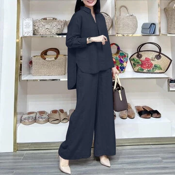 ZANZEA Women Suits - Long Sleeve Lantern Sleeve Elastic Waist Pants Wide Leg Pants with Pockets Casual Tops Trousers Two-Piece Set Plus Size
