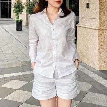 ZANZEA Women's 2pcs Suits Vintage Casual Long Sleeve Lapel Shirt Elastic Waist A-Line Shorts Cotton Linen Sets