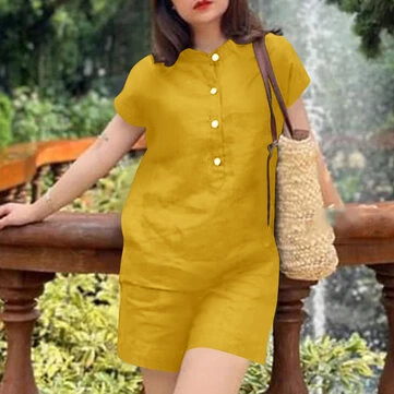 ZANZEA Womens Casual 2pcs Sets Short Sleeve Top Blouse Elastic Waist Pants Loose Suits