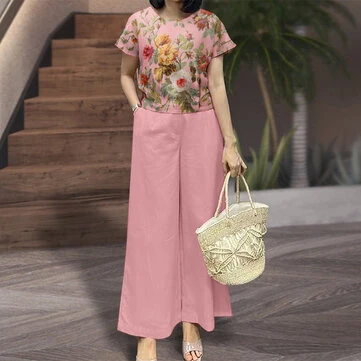 ZANZEA Women's 2pcs Suits Floral Short Sleeve O-Neck Top Elastic Waist Wide Leg Trousers Vintage Sets