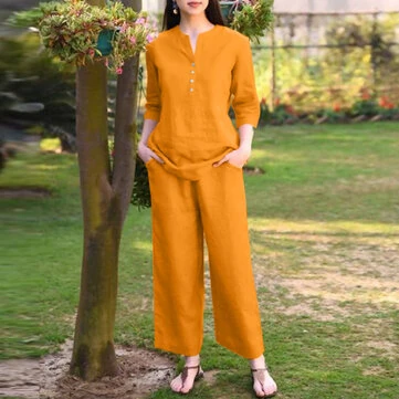 ZANZEA Women Vintage Daily Pockets Elastic Waist Solid Color Tops Trousers Solid Color Two-Piece Set