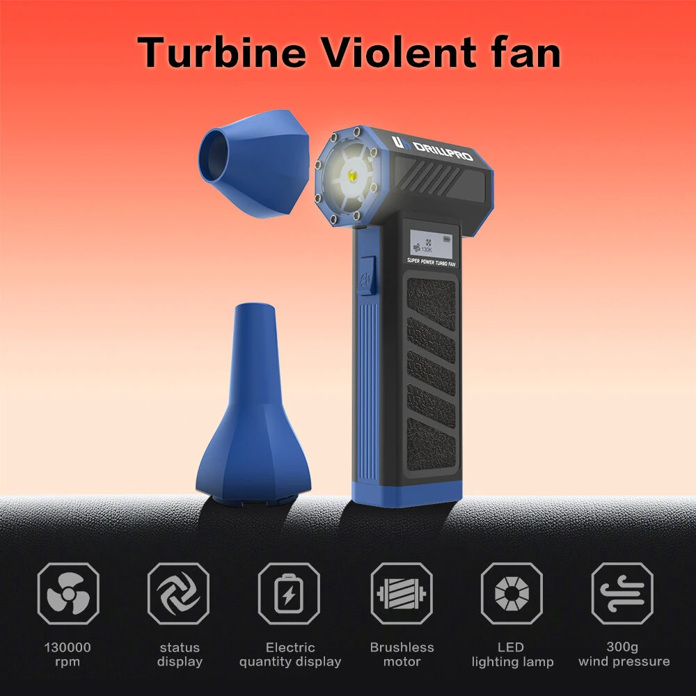 DRILLPRO P30 Turbo Fan 130,000 RPM 300g Wind Pressure with 5000mAh Battery Dual Nozzles Portable Brushless Motor High Performance