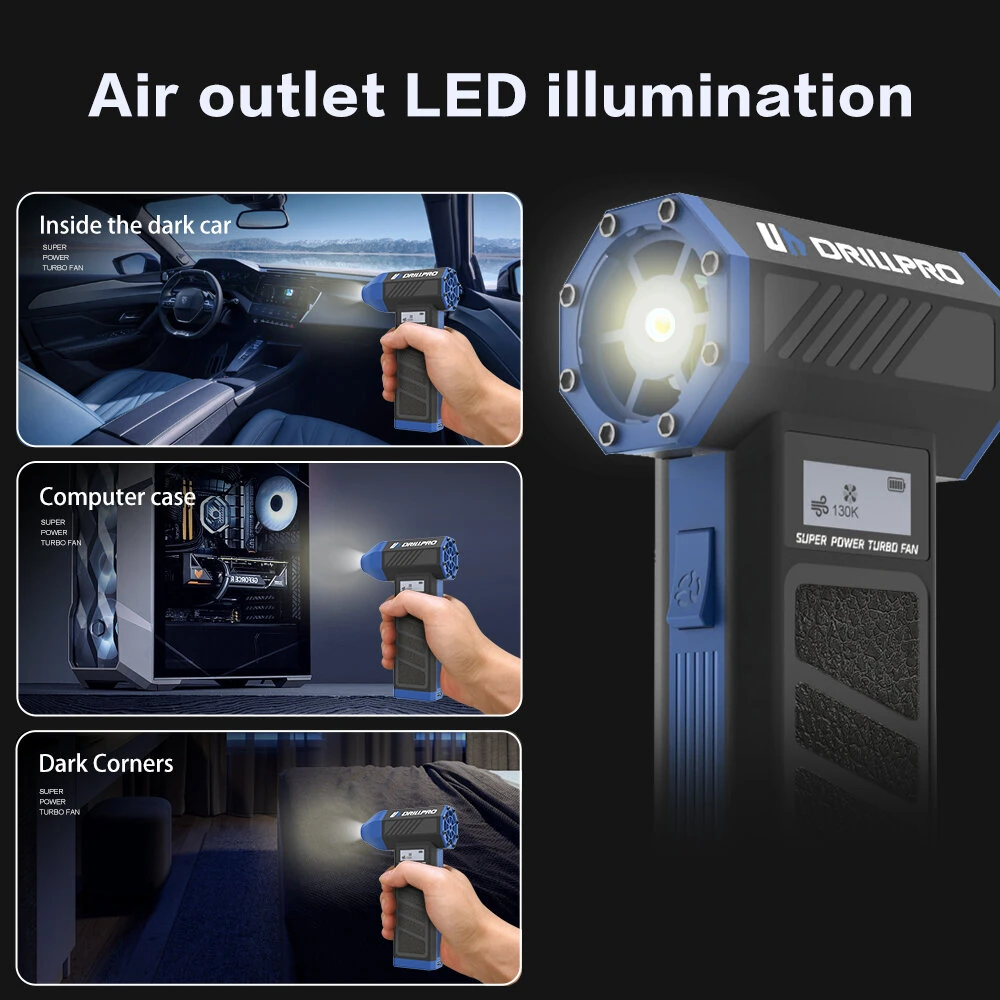 DRILLPRO P30 Turbo Fan 130,000 RPM 300g Wind Pressure with 5000mAh Battery Dual Nozzles Portable Brushless Motor High Performance