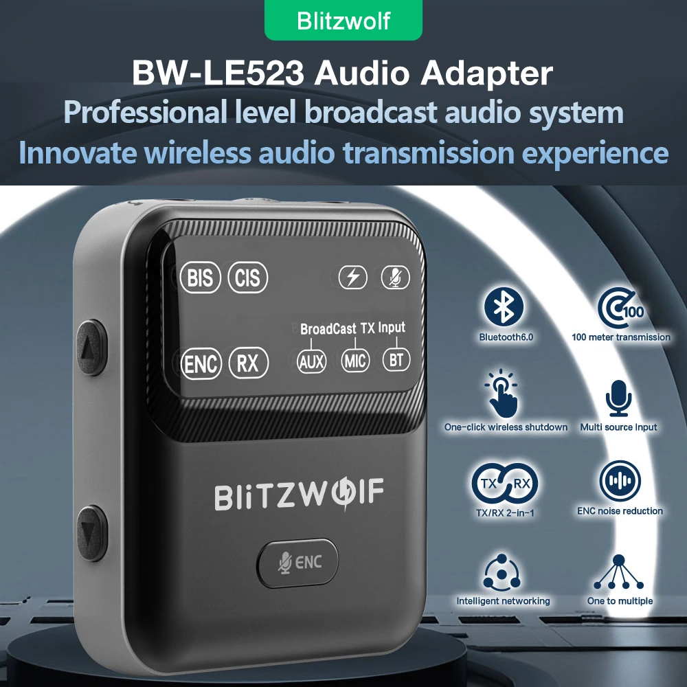 BlitzWolf® BW-LE523 2 in 1 Audio Adapter Bluetooth V6.0 Receiver Transmitter Clip-on Design AAC LC3 ENC Wireless Broadcast Adapter One with Multiple Audio System