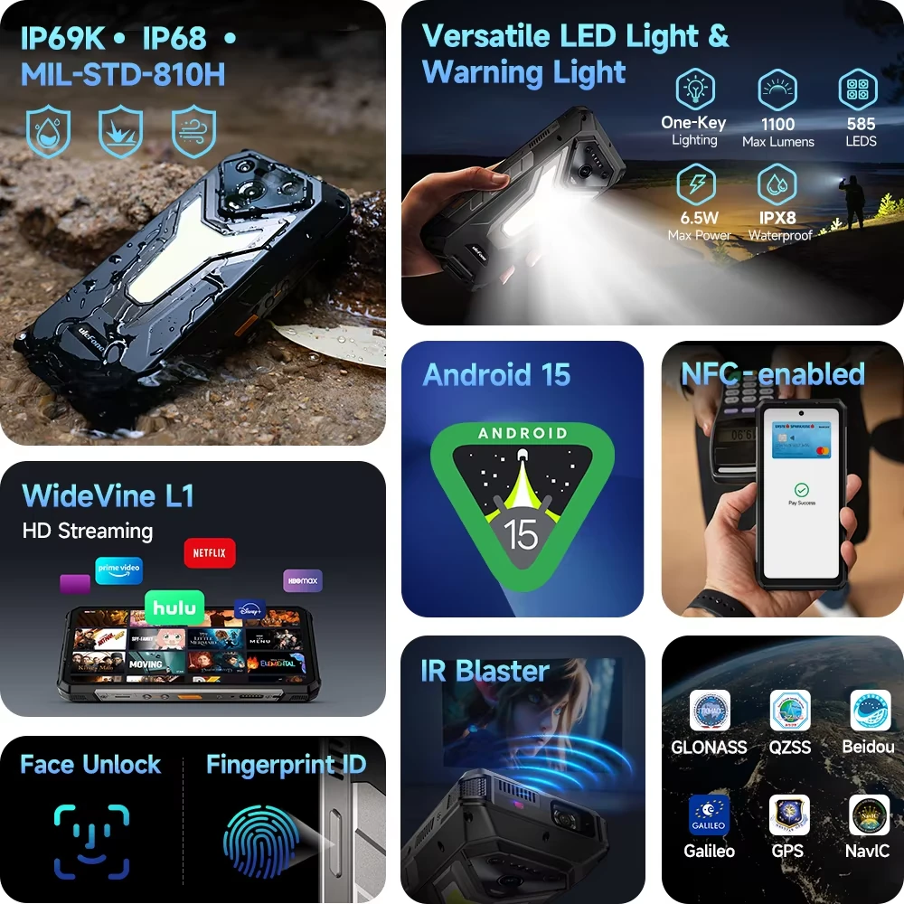 Ulefone Armor 34 Pro 5G AI Built-in Projector 25500mAh 32GB RAM 512GB ROM 50MP Triple Camera 64MP Night Vision 6.95 inch 120Hz Versatile LED Light Warning Light 66W Fast Charge Android 15 Dimensity 7300 NFC IP68 IP69K Waterproof Rugged Smartphone