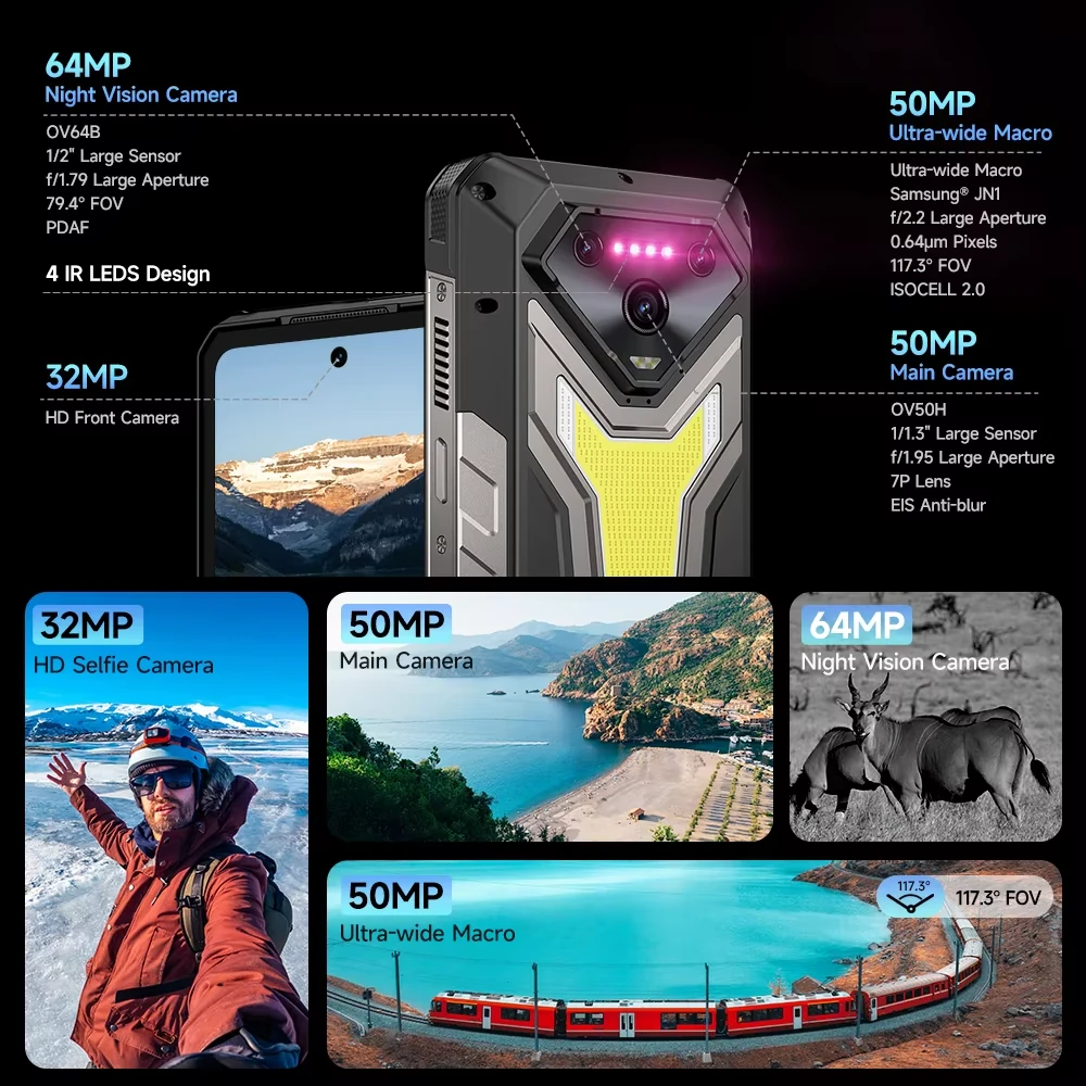 Ulefone Armor 34 Pro 5G AI Built-in Projector 25500mAh 32GB RAM 512GB ROM 50MP Triple Camera 64MP Night Vision 6.95 inch 120Hz Versatile LED Light Warning Light 66W Fast Charge Android 15 Dimensity 7300 NFC IP68 IP69K Waterproof Rugged Smartphone