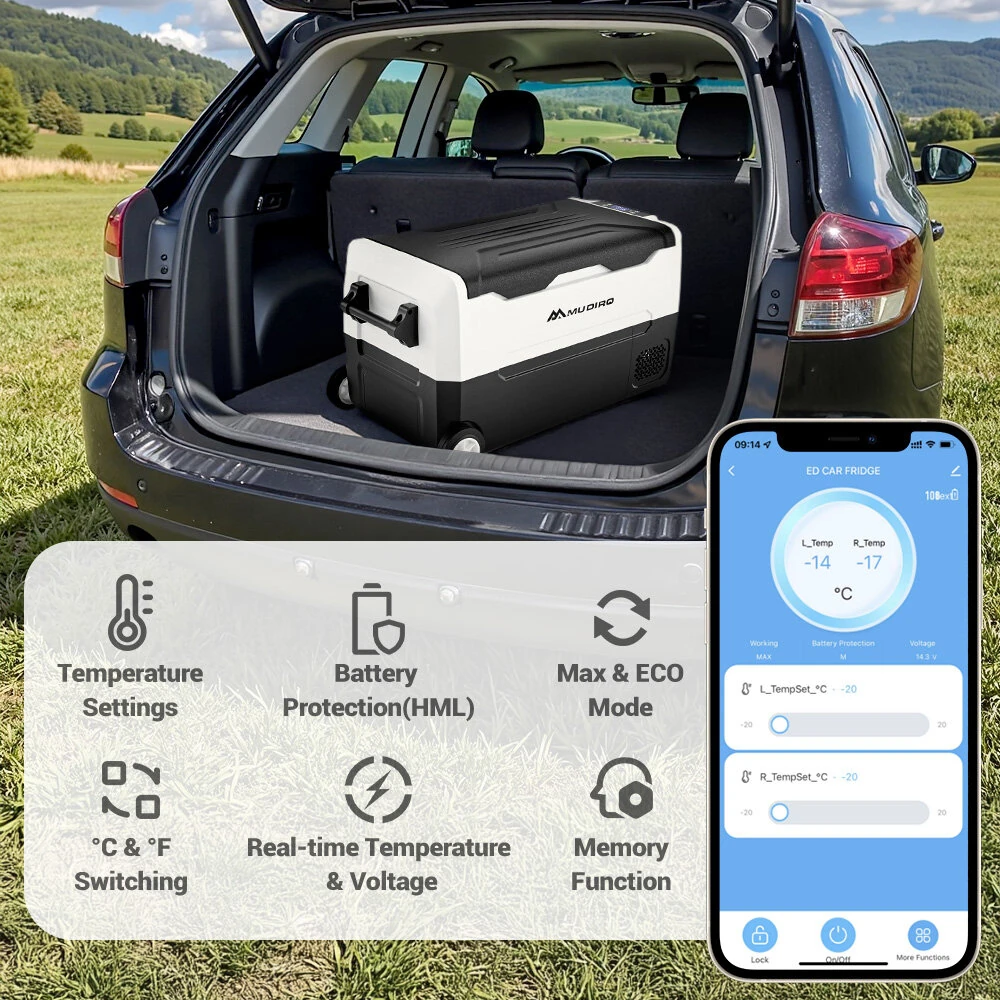 Mudiro 12 Volt Refrigerator with Bluetooth function 12V Car Fridge 35L(37QT) 55L(58QT) -4℉~68℉ Freezer Compressor Cooler 12/24V DC & 100-240V AC,Removable Divider, Car Fridge For Car, Camping, Travel, Fishing, Outdoor or Home