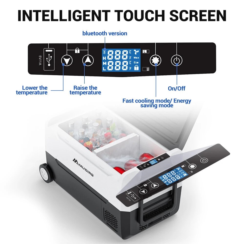 Mudiro 12 Volt Refrigerator with Bluetooth function 12V Car Fridge 35L(37QT) 55L(58QT) -4℉~68℉ Freezer Compressor Cooler 12/24V DC & 100-240V AC,Removable Divider, Car Fridge For Car, Camping, Travel, Fishing, Outdoor or Home