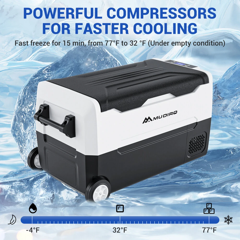 Mudiro 12 Volt Refrigerator with Bluetooth function 12V Car Fridge 35L(37QT) 55L(58QT) -4℉~68℉ Freezer Compressor Cooler 12/24V DC & 100-240V AC,Removable Divider, Car Fridge For Car, Camping, Travel, Fishing, Outdoor or Home