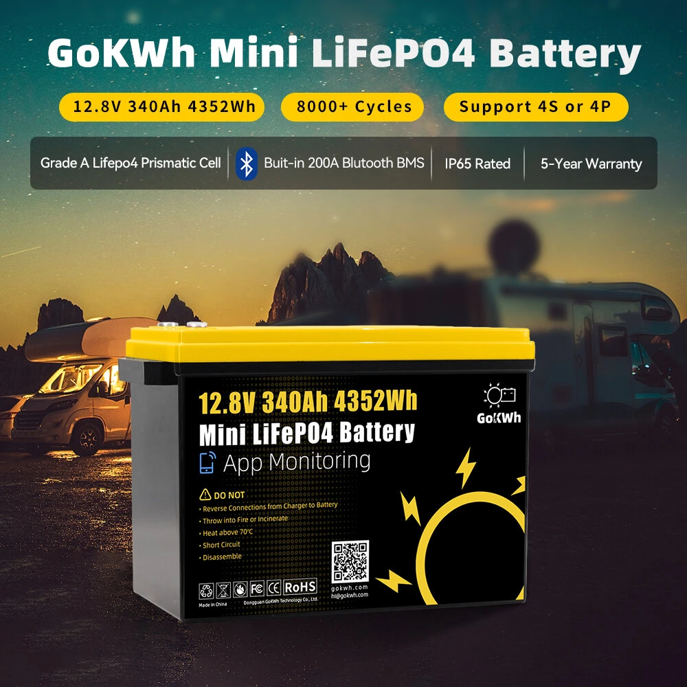 GOKWH 12V 340AH Vehicle Storage Box 4352Wh Mini LiFePO4 Battery Built-in 200A Bluetooth BMS