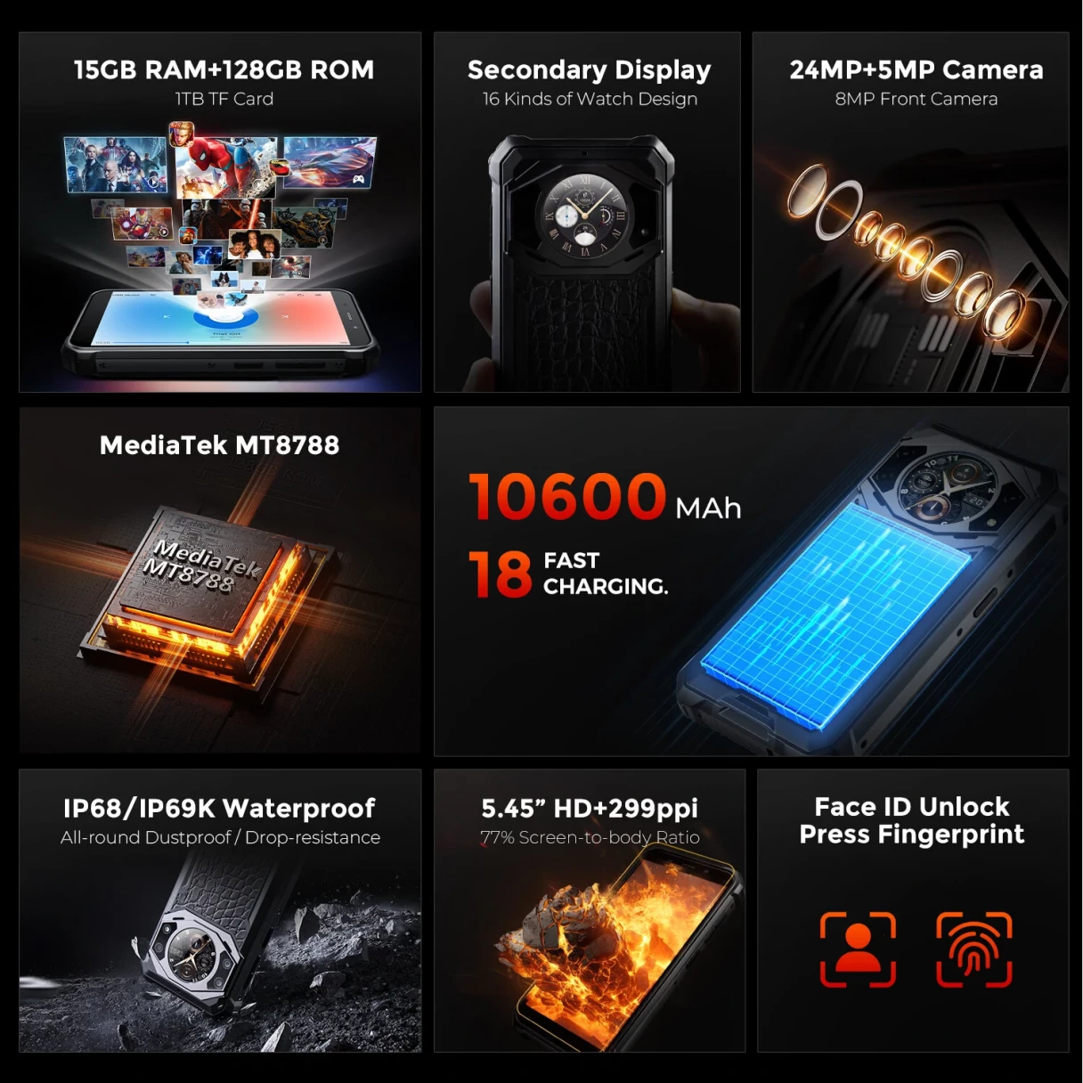 FOSSiBOT F101 Pro Dual Display 15GB 128GB 10600mAh 24MP Camera 5.45 inch Fast Charging Android 13 MT8788 Octa Core NFC IP68 IP69K Waterproof 4G Rugged Smartphone
