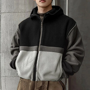 INCERUN Mens Faux Fur Panel Long-Sleeve Jacket Fashion Color Block Patchwork Coat for Fall Winter