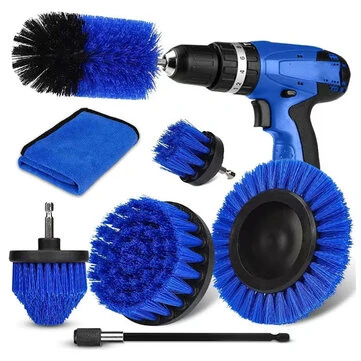 7PCS Set of Drill Brush Cleaning Set Multiple Sizes Nylon Bristles Attachments Extension Rod Compatible with All Most Electric Drill Multi Surface Cleaning Bathroom Kitchen Car Garden